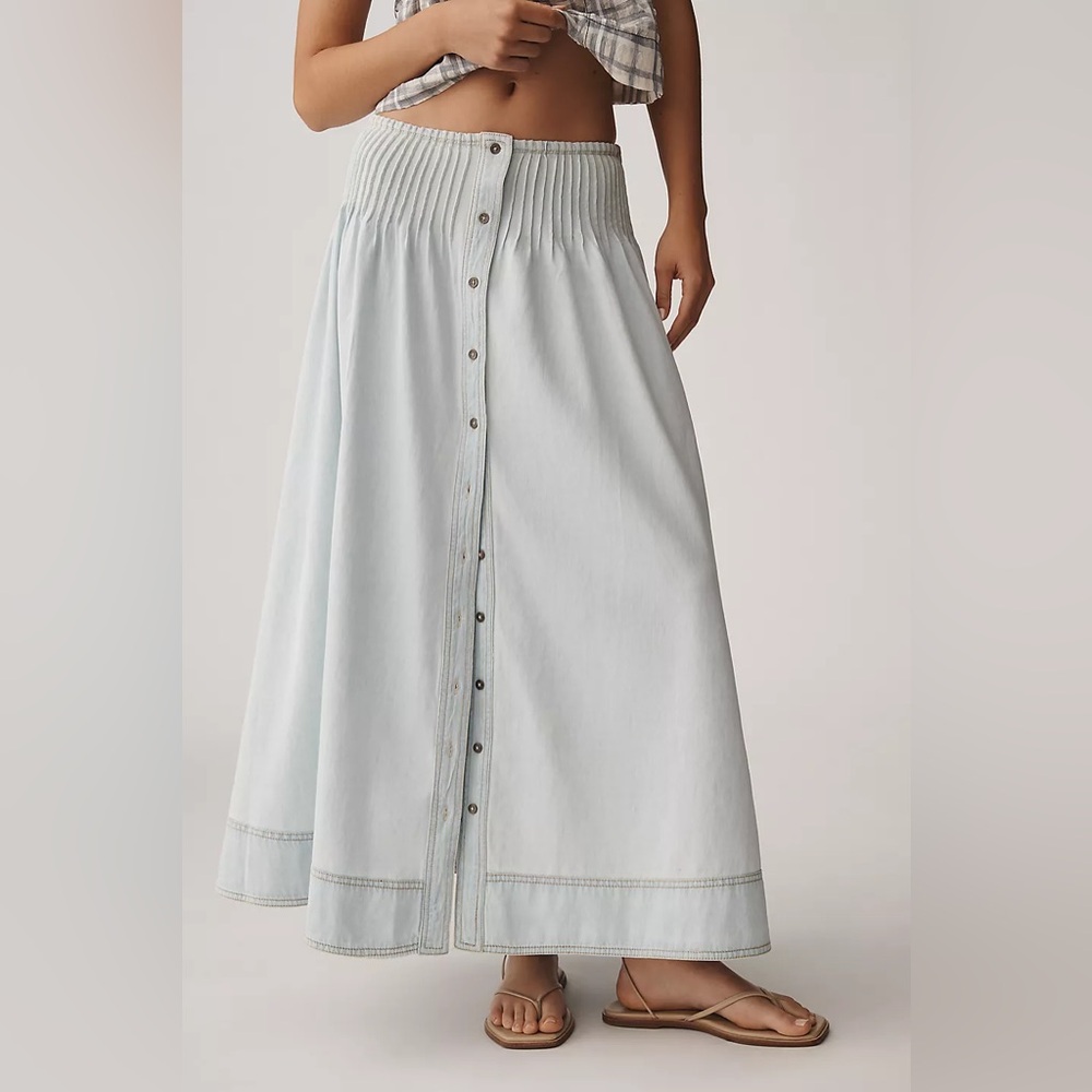 NWT Size S - Anthro 100% Cotton Basque-Waist Denim Maxi Skirt (NWT US$ 168)